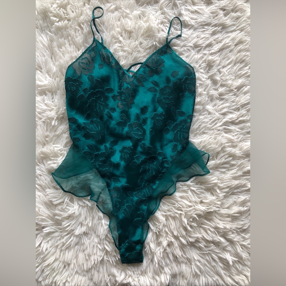 Vtg 80s Victoria’s Secret Gold Label Satin Teddy Bodysuit Emerald Sz Large